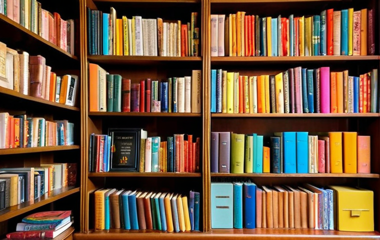 **
"A bookshelf organized by color like a rainbow, filled with books of varying sizes. Decorative objects in matching color tones are placed among the books. Soft, inviting lighting highlighting the display. A cozy, literary cafe atmosphere, Porto, Portugal."
**