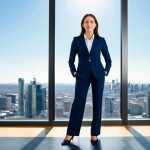 ** A professional businesswoman in a modest, tailored navy blue business suit, standing confidently in a modern, sunlit office with floor-to-ceiling windows overlooking a vibrant cityscape. Fully clothed, appropriate attire, safe for work, perfect anatomy, natural proportions, professional corporate photography, high quality.

**