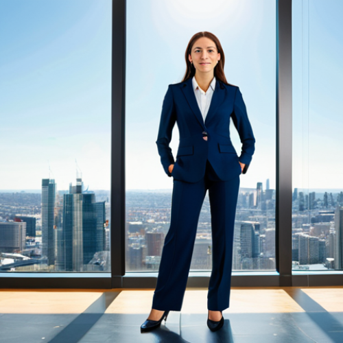 ** A professional businesswoman in a modest, tailored navy blue business suit, standing confidently in a modern, sunlit office with floor-to-ceiling windows overlooking a vibrant cityscape. Fully clothed, appropriate attire, safe for work, perfect anatomy, natural proportions, professional corporate photography, high quality.

**