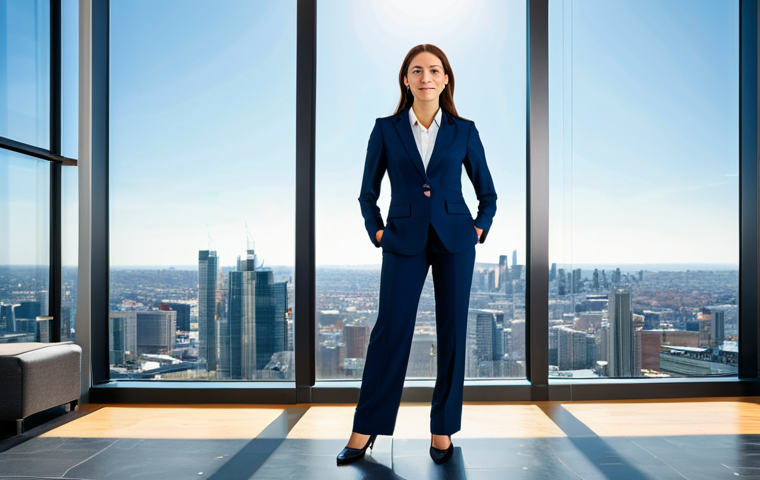 ** A professional businesswoman in a modest, tailored navy blue business suit, standing confidently in a modern, sunlit office with floor-to-ceiling windows overlooking a vibrant cityscape. Fully clothed, appropriate attire, safe for work, perfect anatomy, natural proportions, professional corporate photography, high quality.
**