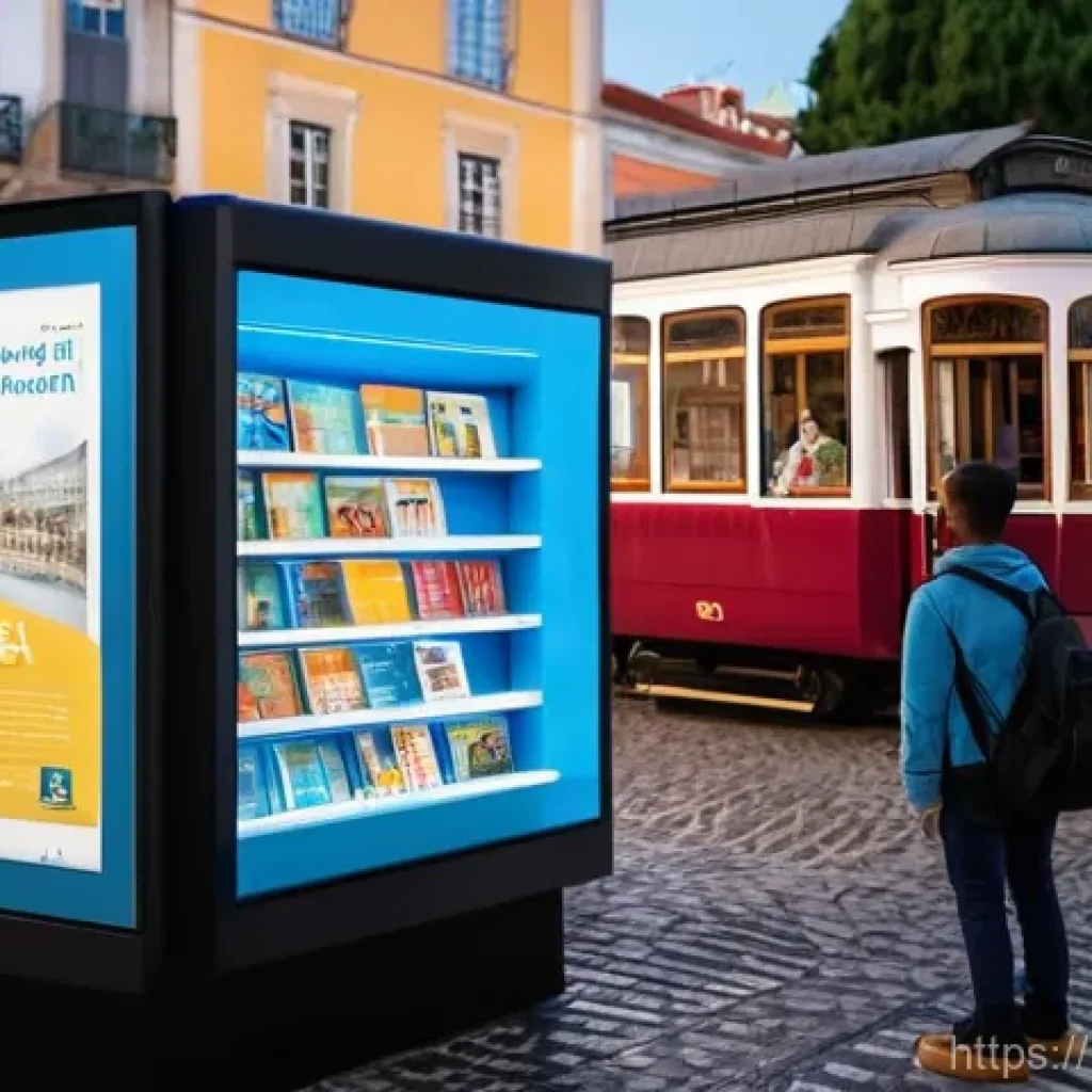 책 자판기 운영 도서관 - **Prompt:** A bustling Lisbon city square at dusk. In the foreground, a sleek, modern automatic book...