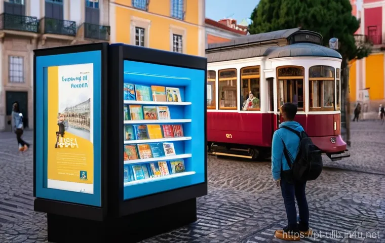 책 자판기 운영 도서관 - **Prompt:** A bustling Lisbon city square at dusk. In the foreground, a sleek, modern automatic book...