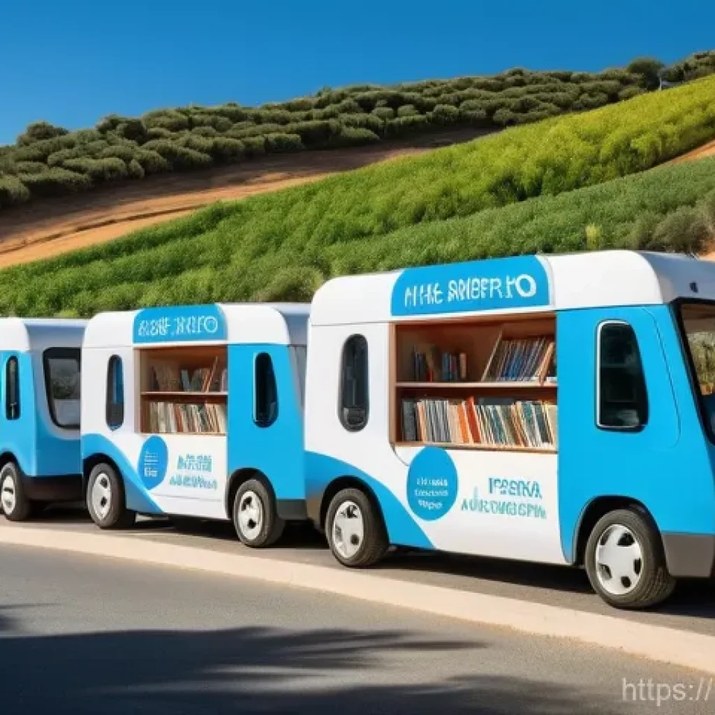 이동식 도서관 운영법 - **Prompt:** A vibrant, modern mobile library bus, robust and inviting, drives along a winding road t...
