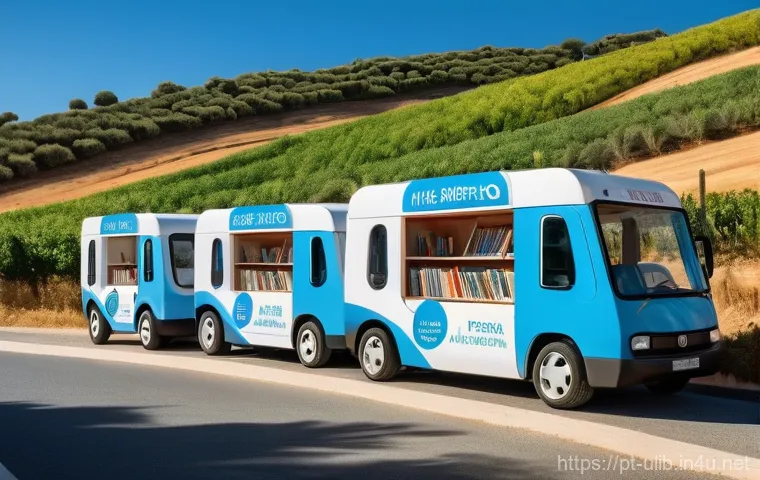 이동식 도서관 운영법 - **Prompt:** A vibrant, modern mobile library bus, robust and inviting, drives along a winding road t...