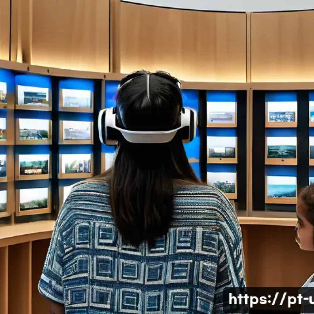 AR VR 체험형 도서관 - A modern public library interior in São Paulo, Brazil, featuring diverse visitors of all ages engagi...