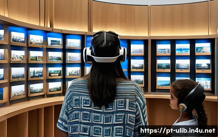 AR VR 체험형 도서관 - A modern public library interior in São Paulo, Brazil, featuring diverse visitors of all ages engagi...