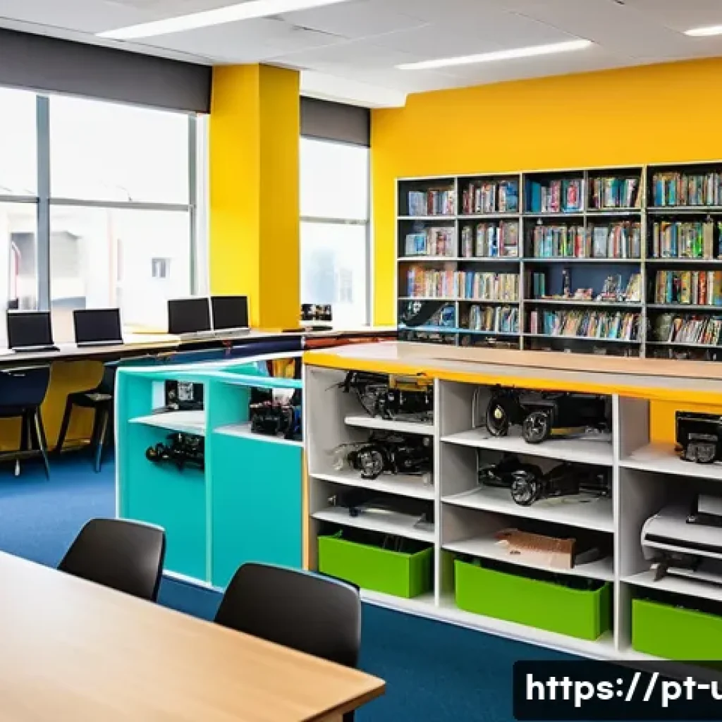 메이커스페이스 도서관 - A vibrant makerspace inside a modern public library in Brazil, featuring diverse groups of people in...