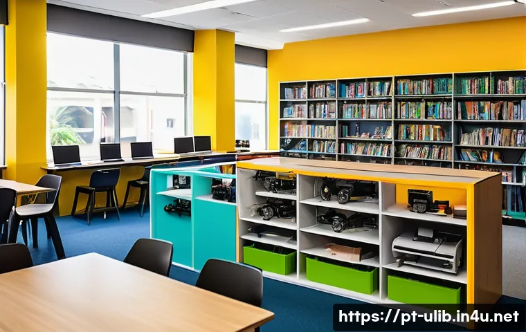 메이커스페이스 도서관 - A vibrant makerspace inside a modern public library in Brazil, featuring diverse groups of people in...