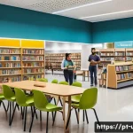 공공 도서관 브랜드 전략 - A vibrant public library interior scene in Brazil, showcasing diverse community members of all ages ...