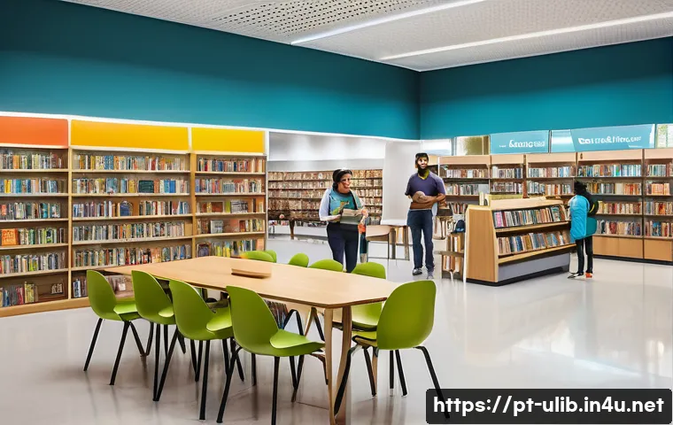 공공 도서관 브랜드 전략 - A vibrant public library interior scene in Brazil, showcasing diverse community members of all ages ...