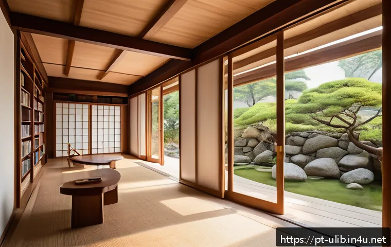 전통 한옥 스타일 도서관 - A serene traditional Korean library interior featuring elegant curved wooden roofs and delicate hanj...