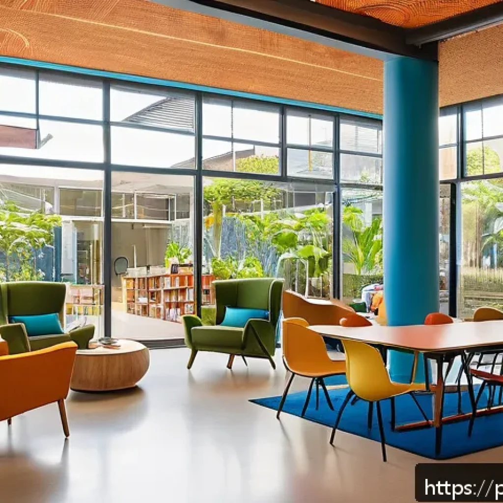 인문학 도서관 기획 - A vibrant community library interior in a Brazilian neighborhood, showcasing inclusive design with w...