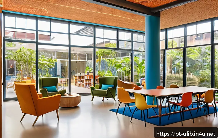 인문학 도서관 기획 - A vibrant community library interior in a Brazilian neighborhood, showcasing inclusive design with w...