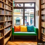 로컬 서점과 협업 도서관 - A cozy, inviting bookstore interior in a Brazilian neighborhood, featuring warm wooden bookshelves f...
