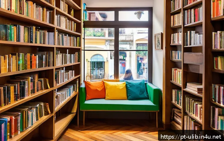 로컬 서점과 협업 도서관 - A cozy, inviting bookstore interior in a Brazilian neighborhood, featuring warm wooden bookshelves f...