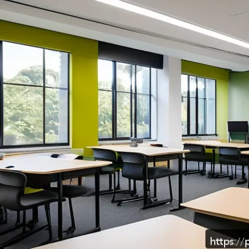 대학교 이색 도서관 소개 - A modern Brazilian university multimedia study room filled with natural light, featuring modular fur...