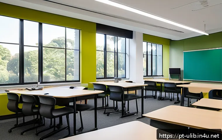 대학교 이색 도서관 소개 - A modern Brazilian university multimedia study room filled with natural light, featuring modular fur...
