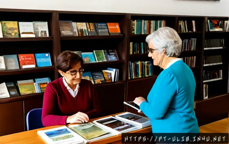 AI 사서 서비스 적용 - Photorealistic public library in Lisbon, Portugal, friendly adult librarian assisting an older Portu...